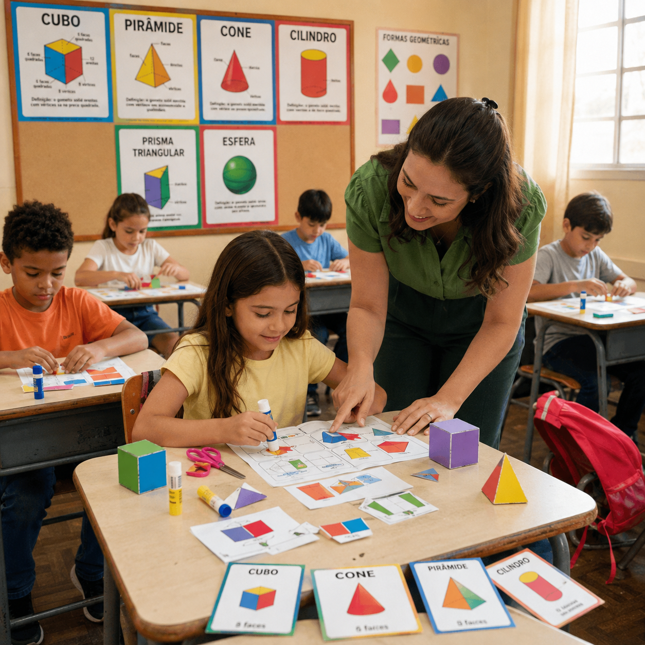 Crianças usando o kit de sólidos geométricos na sala de aula 5
