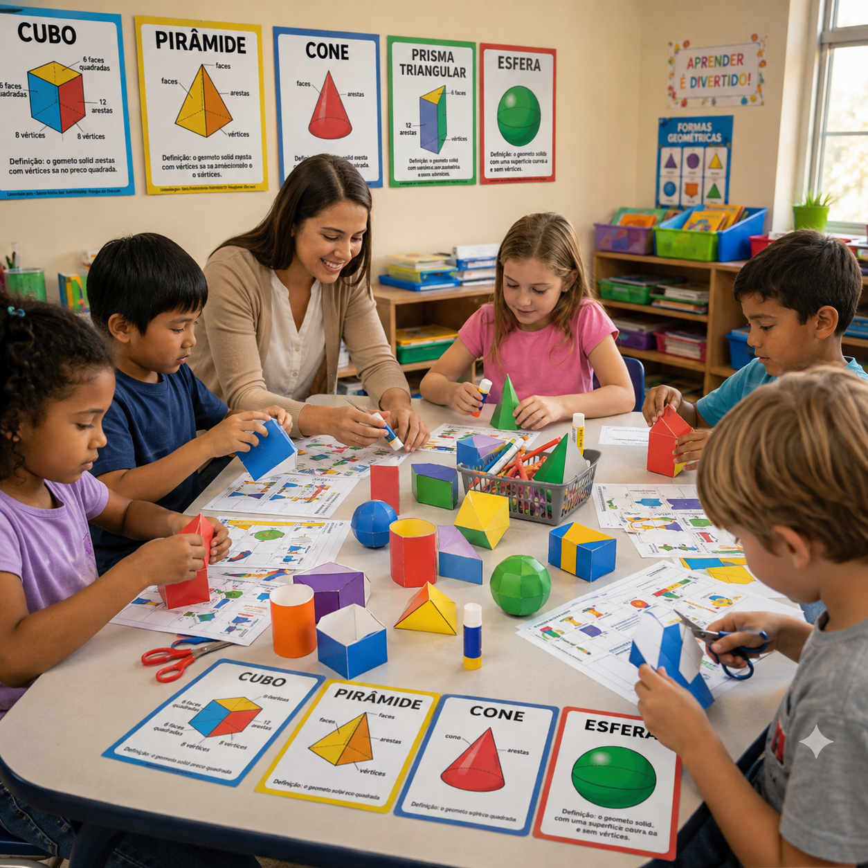 Crianças usando o kit de sólidos geométricos na sala de aula 2