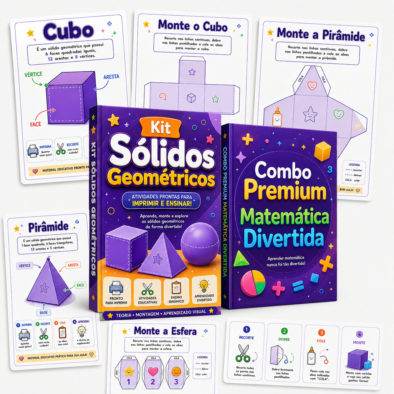 Mockup do Combo Premium: Kit Sólidos Geométricos + Kit Matemática Divertida com 90 atividades